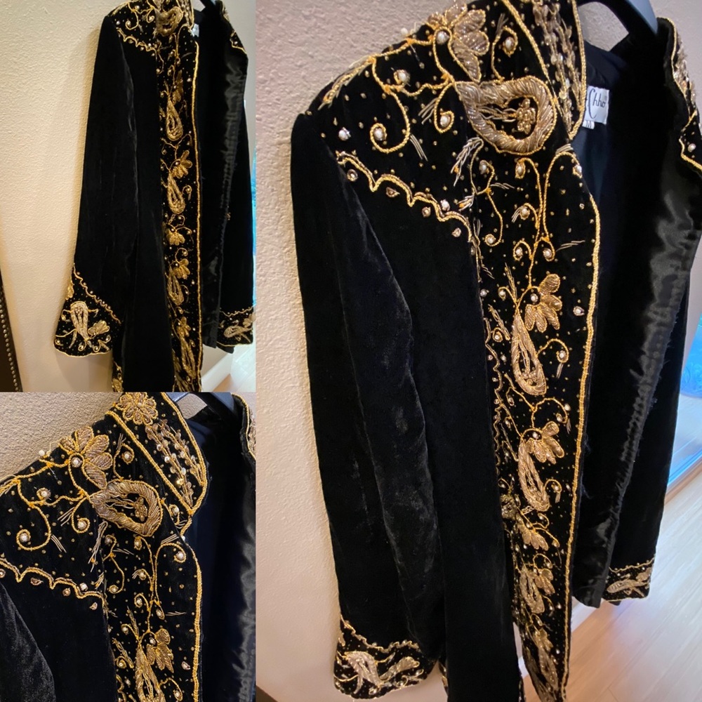 Vintage Beaded black velvet coat Tan Chho